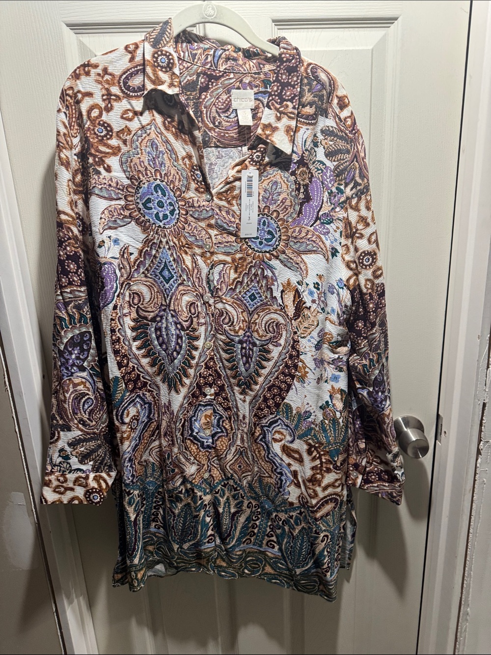 Chico's Long-Sleeve Paisley Tunic Jacket in Brown, Purple & Teal
